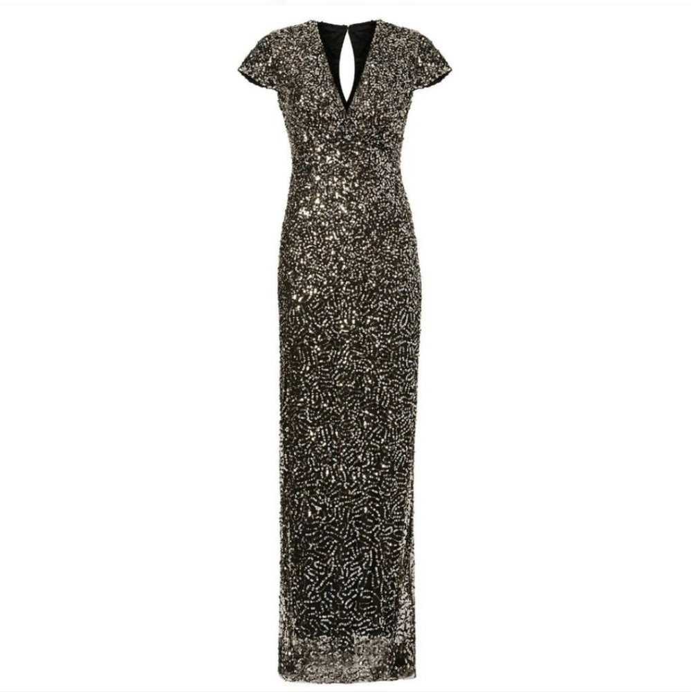 NICOLE MILLER MIDNIGHT SEQUIN STARS GOWN Size 4 Black Cap Sleeve, V Neck 🖤🪩